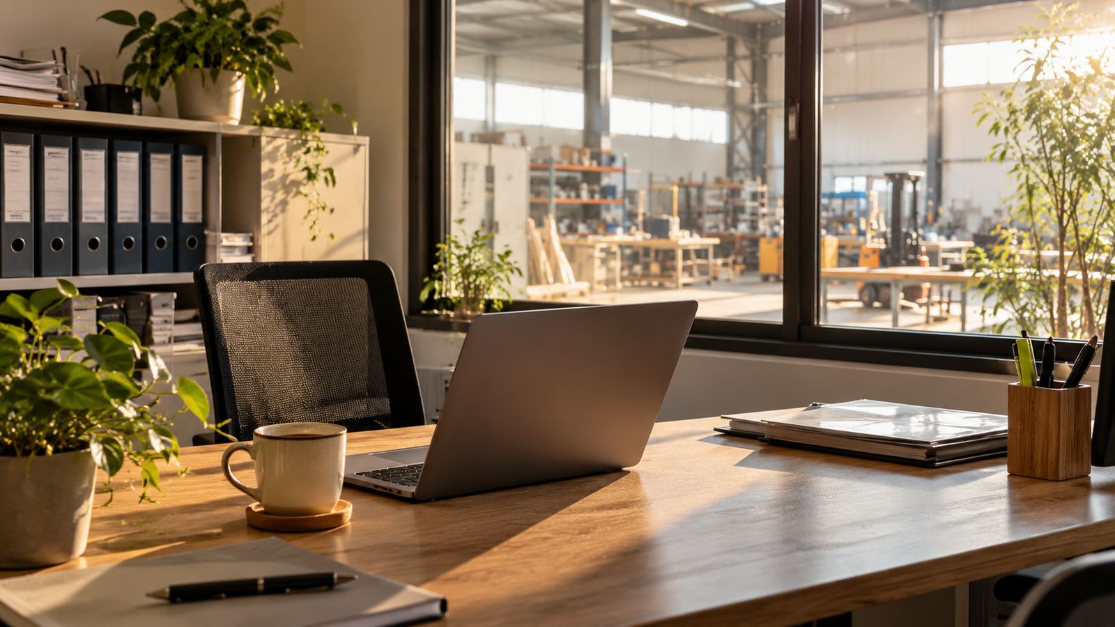 Bureau d'une PME baigné de lumière, avec un ordinateur portable et des classeurs, donnant sur l'atelier de production
