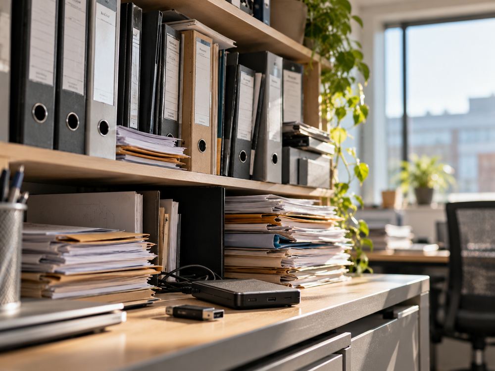 Étagère de bureau débordant de classeurs et de dossiers papier, avec un disque dur et une clé USB