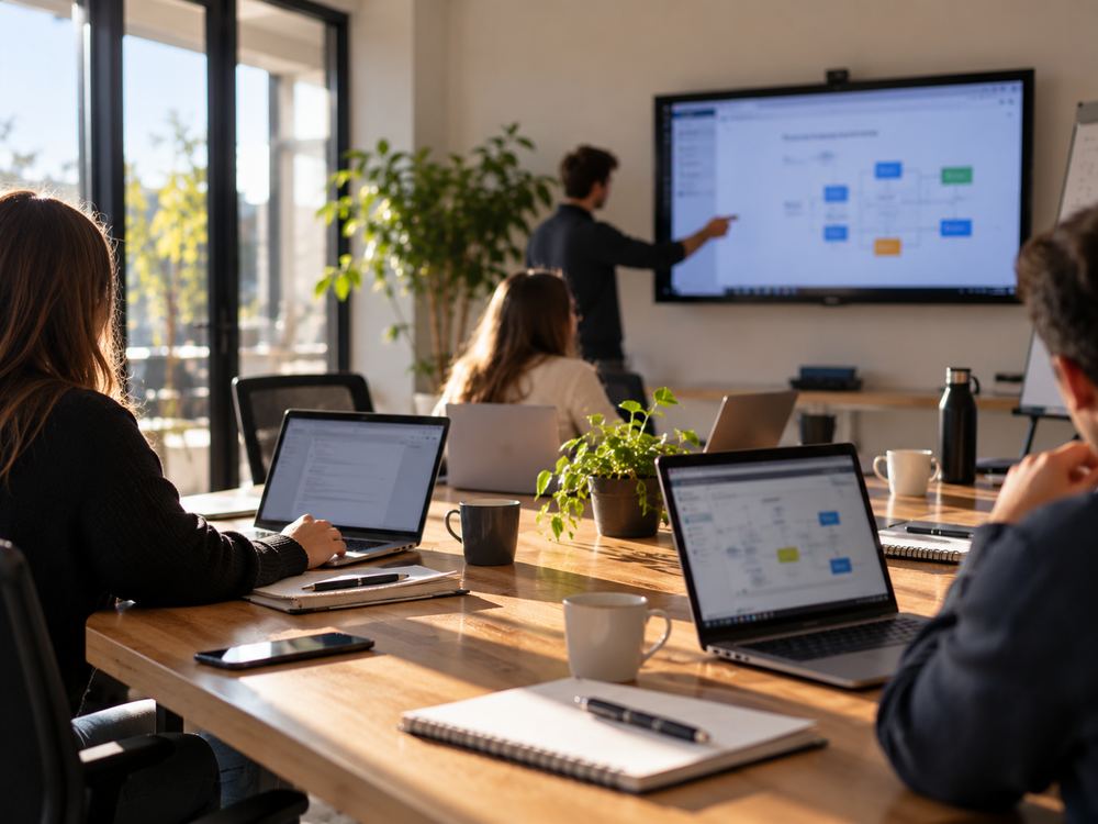 Formation en petit groupe dans une salle de réunion, ordinateurs portables ouverts et écran au mur